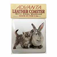 Silver Grey Cat and Rabbit Single Leather Photo Coaster