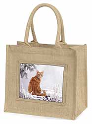 Ginger Winter Snow Cat Natural/Beige Jute Large Shopping Bag