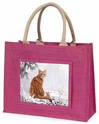 Ginger Winter Snow Cat Large Pink Jute Shopping Bag