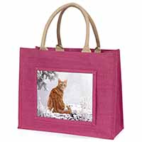 Ginger Winter Snow Cat Large Pink Jute Shopping Bag