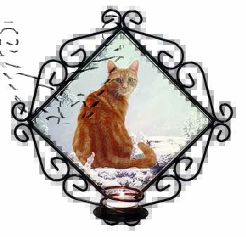 Ginger Winter Snow Cat Wrought Iron Wall Art Candle Holder