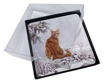 4x Ginger Winter Snow Cat Picture Table Coasters Set in Gift Box