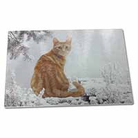 Large Glass Cutting Chopping Board Ginger Winter Snow Cat