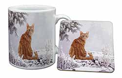 Ginger Winter Snow Cat Mug and Coaster Set