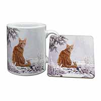 Ginger Winter Snow Cat Mug and Coaster Set