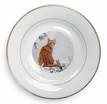 Ginger Winter Snow Cat Gold Rim Plate Printed Full Colour in Gift Box