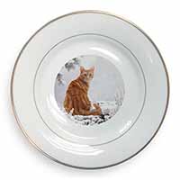 Ginger Winter Snow Cat Gold Rim Plate Printed Full Colour in Gift Box
