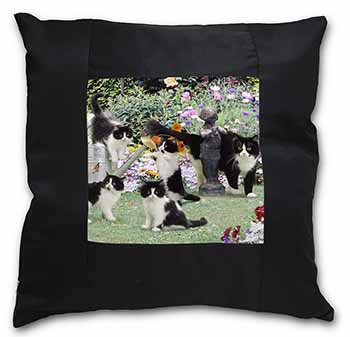 Cats and Kittens in Garden Black Satin Feel Scatter Cushion