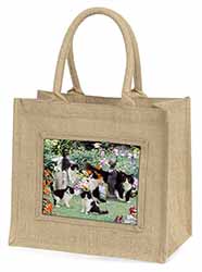 Cats and Kittens in Garden Natural/Beige Jute Large Shopping Bag