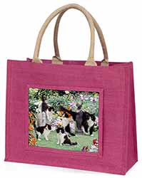 Cats and Kittens in Garden Large Pink Jute Shopping Bag