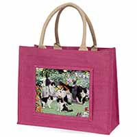 Cats and Kittens in Garden Large Pink Jute Shopping Bag