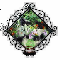 Cats and Kittens in Garden Wrought Iron Wall Art Candle Holder