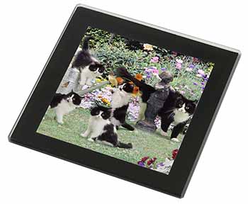 Cats and Kittens in Garden Black Rim High Quality Glass Coaster