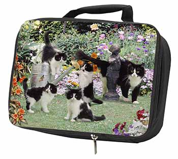 Cats and Kittens in Garden Black Insulated School Lunch Box/Picnic Bag