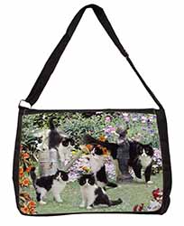 Cats and Kittens in Garden Large Black Laptop Shoulder Bag School/College