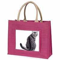 Silver Spot Tabby Cat Large Pink Jute Shopping Bag