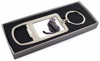Silver Spot Tabby Cat Chrome Metal Bottle Opener Keyring in Box