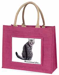 Tabby Cat Love Sentiment Large Pink Jute Shopping Bag