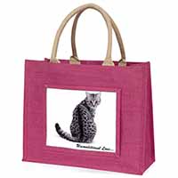 Tabby Cat Love Sentiment Large Pink Jute Shopping Bag