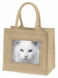 Blue Eyed White Cat Natural/Beige Jute Large Shopping Bag