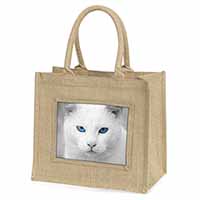 Blue Eyed White Cat Natural/Beige Jute Large Shopping Bag