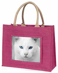 Blue Eyed White Cat Large Pink Jute Shopping Bag