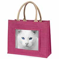 Blue Eyed White Cat Large Pink Jute Shopping Bag