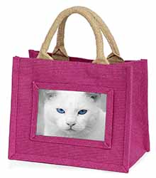 Blue Eyed White Cat Little Girls Small Pink Jute Shopping Bag