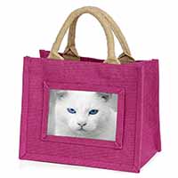 Blue Eyed White Cat Little Girls Small Pink Jute Shopping Bag