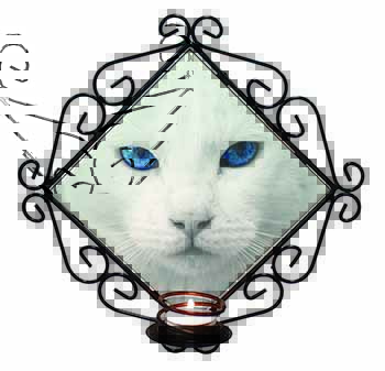 Blue Eyed White Cat Wrought Iron Wall Art Candle Holder