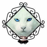 Blue Eyed White Cat Wrought Iron Wall Art Candle Holder