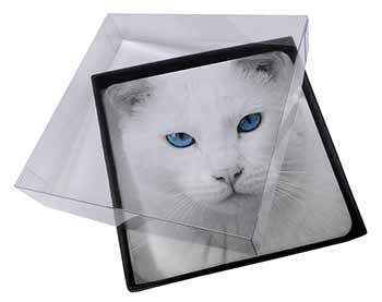 4x Blue Eyed White Cat Picture Table Coasters Set in Gift Box