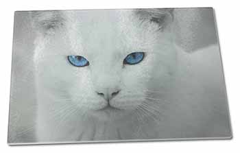 Large Glass Cutting Chopping Board Blue Eyed White Cat