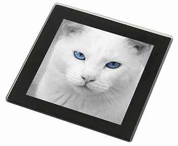 Blue Eyed White Cat Black Rim High Quality Glass Coaster