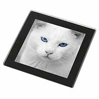 Blue Eyed White Cat Black Rim High Quality Glass Coaster