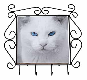 Blue Eyed White Cat Wrought Iron Key Holder Hooks