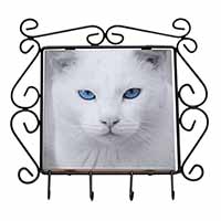 Blue Eyed White Cat Wrought Iron Key Holder Hooks