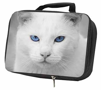 Blue Eyed White Cat Black Insulated School Lunch Box/Picnic Bag