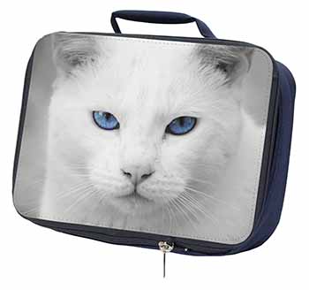 Blue Eyed White Cat Navy Insulated School Lunch Box/Picnic Bag