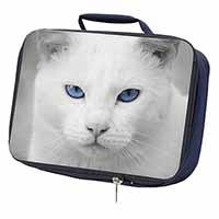 Blue Eyed White Cat Navy Insulated School Lunch Box/Picnic Bag