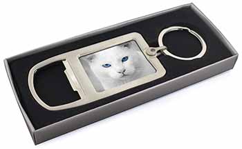 Blue Eyed White Cat Chrome Metal Bottle Opener Keyring in Box