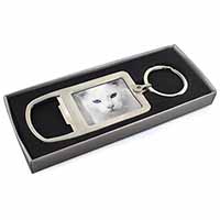 Blue Eyed White Cat Chrome Metal Bottle Opener Keyring in Box