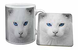 Blue Eyed White Cat Mug and Coaster Set