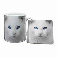 Blue Eyed White Cat Mug and Coaster Set