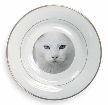 Blue Eyed White Cat Gold Rim Plate Printed Full Colour in Gift Box