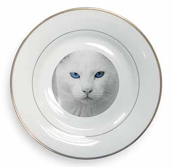 Blue Eyed White Cat Gold Rim Plate Printed Full Colour in Gift Box