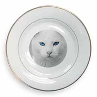 Blue Eyed White Cat Gold Rim Plate Printed Full Colour in Gift Box