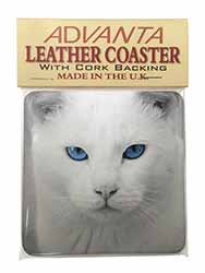 Blue Eyed White Cat Single Leather Photo Coaster