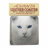 Blue Eyed White Cat Single Leather Photo Coaster