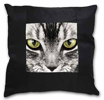 Silver Tabby Cat Face Black Satin Feel Scatter Cushion